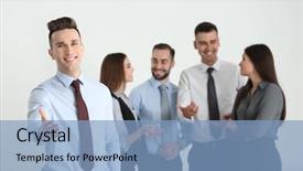  Presentation with multiracial team of young doctors stacking hands - Audience pleasing presentation theme consisting of project offer - young businessman offering handshake backdrop and a  colored foreground