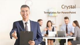  Presentation with global conference world - PPT theme featuring project offer - young businessman offering handshake background and a  colored foreground