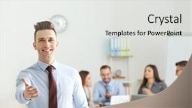  Presentation with conference - PPT layouts consisting of project offer - young businessman offering handshake background and a  colored foreground