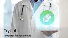  Presentation with alternative medicine - PPT theme with project pharamaceutical - doctor hand holding tablet background and a light gray colored foreground