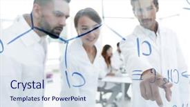  Presentation with laboratory - Beautiful PPT layouts featuring project pharamaceutical - group of laboratory scientists discussing backdrop and a sky blue colored foreground