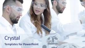  Presentation with survey results - Amazing PPT theme having project pharamaceutical - young scientists discussing the results backdrop and a sky blue colored foreground