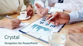  Presentation with discussion - Slide deck with project plan - close-up of human hands background and a sky blue colored foreground