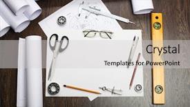  Presentation with drafting of garments tools - PPT theme consisting of project plan - tools and papers with sketches background and a light gray colored foreground