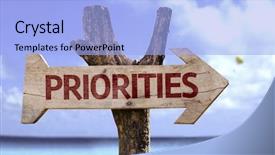  Presentation with teal beach wood - Audience pleasing theme consisting of project prioritization - priorities wooden sign backdrop and a light blue colored foreground