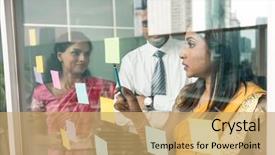  Presentation with reminders - Slides featuring project prioritization - three indian employees sticking reminders background and a  colored foreground
