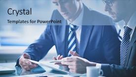  Presentation with review - Beautiful PPT theme featuring project review - image of two young businessmen backdrop and a light blue colored foreground