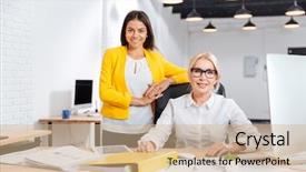  Presentation with employees working together - Presentation theme consisting of project review - two smiling businesswomen working together background and a coral colored foreground