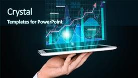  Presentation with stock broker - Presentation design having project risk - broker holding tablet with projection background and a navy blue colored foreground