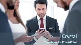  Presentation with project kick off meeting - PPT theme with project risk management - businessman using a smartphone background and a ocean colored foreground