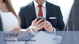  Presentation with meeting - Audience pleasing PPT theme consisting of project risk management - businessman using a smartphone backdrop and a light blue colored foreground