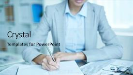  Presentation with writing - Colorful slide deck enhanced with project schedule - office lady writing down backdrop and a light blue colored foreground