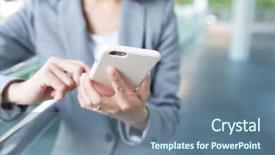  Presentation with mobile phone in woman hand - Presentation theme with project status - business woman use of mobile background and a  colored foreground