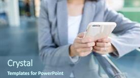  Presentation with phone - Beautiful presentation theme featuring project status - businesswoman using mobile phone backdrop and a ocean colored foreground