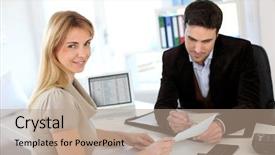  Presentation with lawyer - PPT layouts featuring project status - woman meeting lawyer to set background and a coral colored foreground