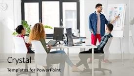  Presentation with design team - Presentation design featuring project tempates - business technology and people concept background and a light gray colored foreground