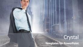  Presentation with railway tracks - Slide deck consisting of project tracking - serious businessman holding his jacket background and a  colored foreground