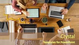  Presentation with team working together - Cool new theme with project young group of people backdrop and a coral colored foreground