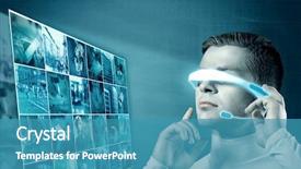  Presentation with futuristic glasses - Cool new presentation design with projection of multimedia images future backdrop and a teal colored foreground