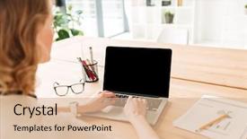  Presentation with computer - Slides with projet de fin d etude - back view image of concentrated background and a  colored foreground