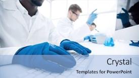  Presentation with computer based test - PPT layouts having chemical type - close up scientist typing background and a light blue colored foreground
