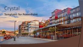  Presentation with pink river - Colorful PPT theme enhanced with promenade in city porto portugal over river douro with vintage authentic houses cityscape with sunrise and pink sky backdrop and a light blue colored foreground