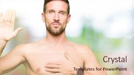  Presentation with hand palm - Slide deck having promises - handsome shirtless man showing nude background and a lemonade colored foreground