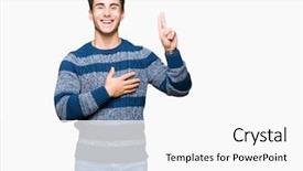  Presentation with isolated paw prints over white - Audience pleasing slide deck consisting of promises - young handsome man over isolated backdrop and a white colored foreground