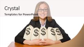  Presentation with promote - Cool new theme with promote employees - female employee with money sacks backdrop and a  colored foreground