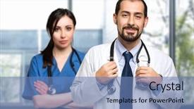  Presentation with medical healt - Colorful presentation theme enhanced with promotion prevention healt - portrait of two smiling medical backdrop and a teal colored foreground