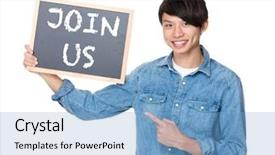  Presentation with finger point - Slide deck having promotion proposal - asian man finger point background and a  colored foreground