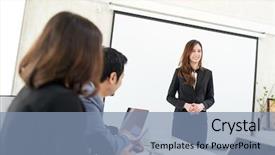  Presentation with everyone - Presentation design featuring promotion proposal - business woman present the project background and a seafoam green colored foreground