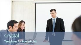  Presentation with group discussion - Slide set with promotion proposal - group of business people discussion background and a ocean colored foreground