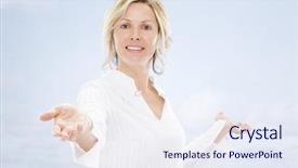  Presentation with helping hand - Colorful presentation theme enhanced with promotion proposal - nice woman offering helping hand backdrop and a sky blue colored foreground