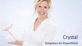  Presentation with promotion - Beautiful PPT theme featuring promotion proposal - nice woman with offering hands backdrop and a  colored foreground