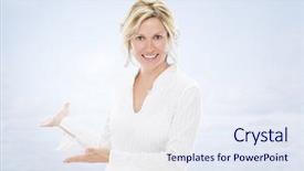  Presentation with promotion - Colorful presentation design enhanced with promotion proposal - nice woman with offering hands backdrop and a sky blue colored foreground