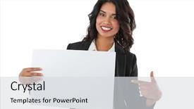  Presentation with portrait happy family smiling - Colorful theme enhanced with promotional mix - portrait of smiling businesswoman pointing backdrop and a light gray colored foreground