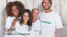  Presentation with group - Slides consisting of promotional mix - smiling group of volunteers background and a sky blue colored foreground