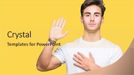  Presentation with hand palm - Beautiful slide set featuring promsie - young handsome man wearing white backdrop and a yellow colored foreground