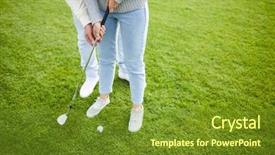  Presentation with club training - Amazing presentation design having properness - golf trainer helping young woman backdrop and a  colored foreground