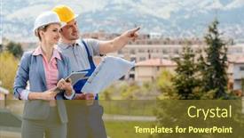  Presentation with developer - Audience pleasing slide deck consisting of property developer and construction worker creating project together envisaging the future backdrop and a tawny brown colored foreground