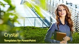  Presentation with house - Slides having property management - businesswoman standing outside a modern background and a tawny brown colored foreground