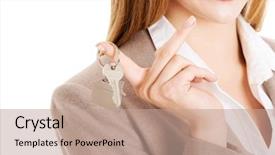 Presentation with keys - PPT layouts enhanced with property management - happy woman agent holding background and a coral colored foreground