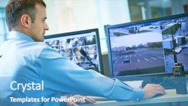  Presentation with video surveillance - Colorful slides enhanced with property management - security worker during monitoring video backdrop and a teal colored foreground