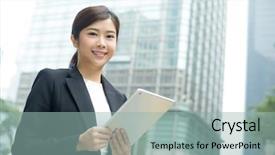  Presentation with young business woman smile show - Slides having property management - young business woman hold background and a light blue colored foreground