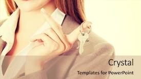  Presentation with encryption cipher keys and padlock - PPT theme with property management leasing - happy woman agent holding background and a coral colored foreground