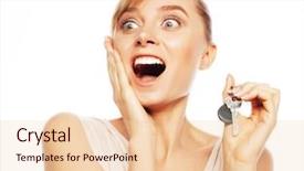  Presentation with key - Beautiful theme featuring property management leasing - young businesswoman with key backdrop and a  colored foreground