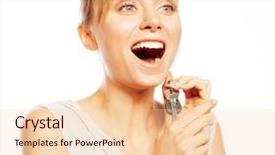  Presentation with key account management - Presentation theme consisting of property management leasing - young businesswoman with key background and a lemonade colored foreground