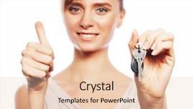  Presentation with key performance - Amazing PPT theme having property management leasing - young businesswoman with key backdrop and a lemonade colored foreground