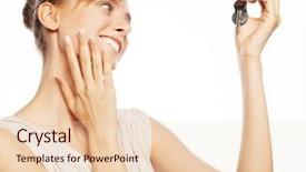  Presentation with violin key - Cool new slide deck with property management leasing - young businesswoman with key backdrop and a  colored foreground